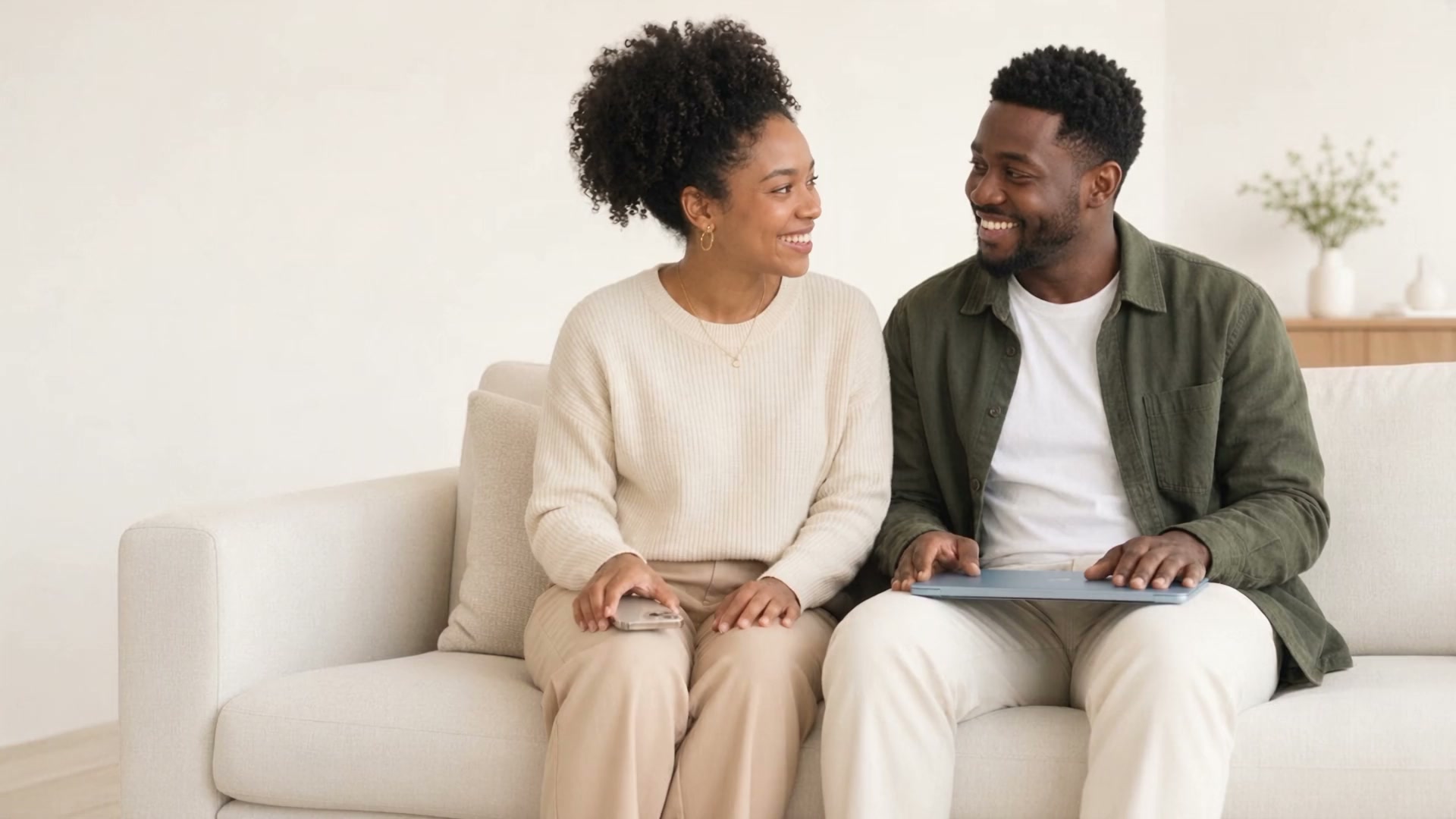 Couple heureux avec un iPhone 17 Pro Max et un MacBook Air 15 pouces M4 bleu